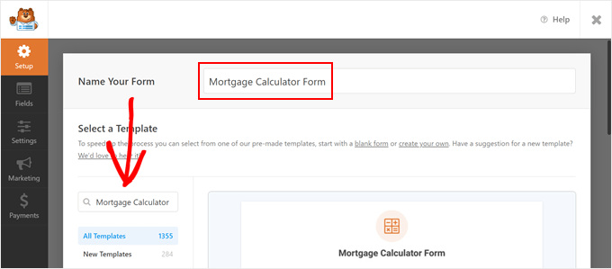Finding the Mortgage Calculator Form template in WPForms