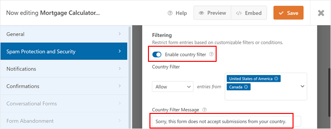 WPForms' Country Filter settings