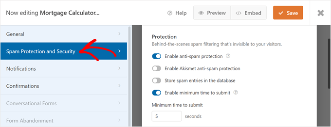 Configuring the Spam Protection and Security Settings in WPForms