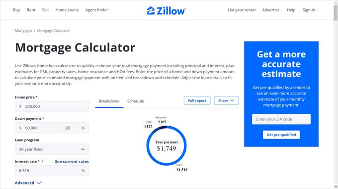 An example of a mortgage calculator in the Zillow website