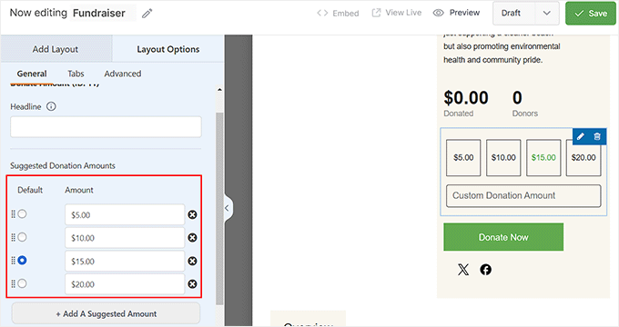 Add the donation amount form field from the drag and drop builder