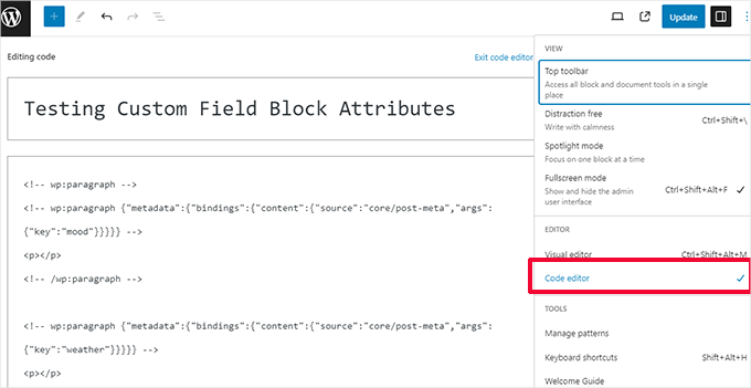 Adding bindings code to a block