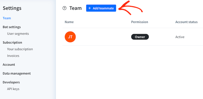 Adding team members to the ChatBot dashboard