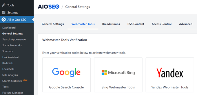 AIOSEO's Webmaster Tools settings