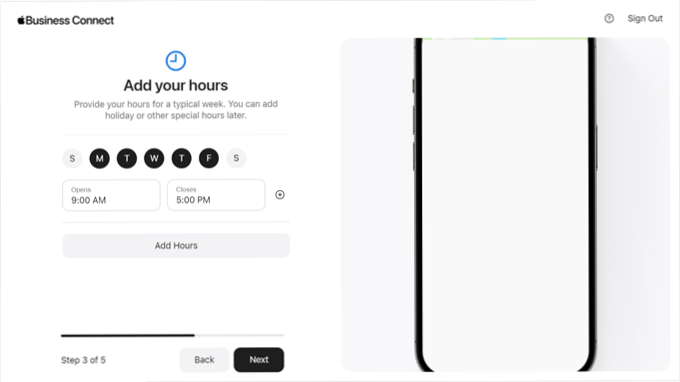 Adding business hours in Apple Business Connect