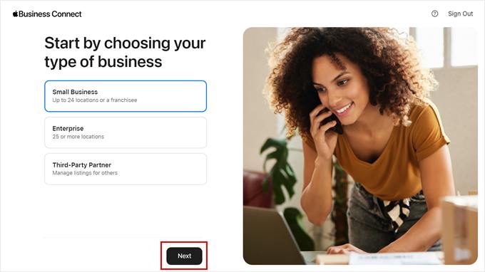 Choosing a type of business in Apple Business Connect