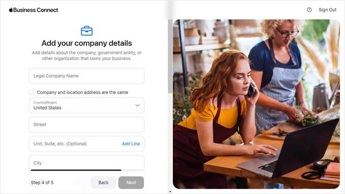 Adding legal company details in Apple Business Connect