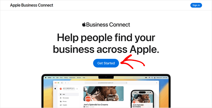 Clicking the Get Started button in the Apple Business Connect page