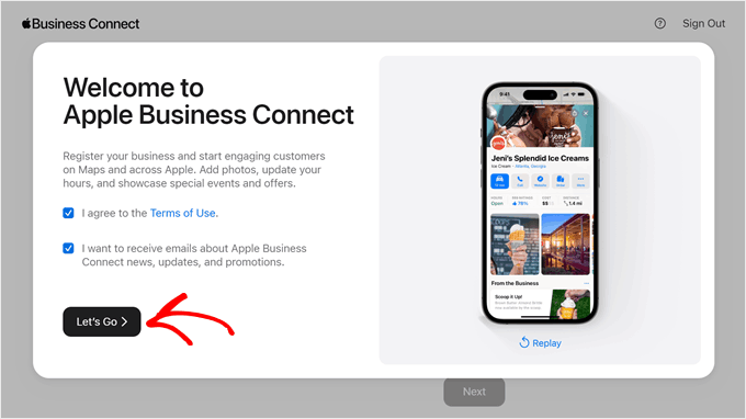 Clicking the Let's Go button in Apple Business Connect