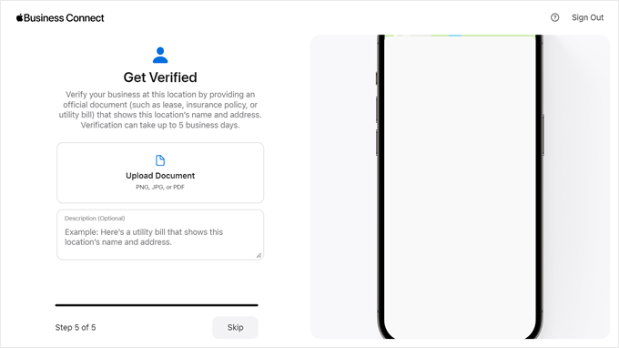 Verifying your business at the chosen location in Apple Business Connect