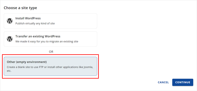 Choosing the Other empty environment option in Bluehost