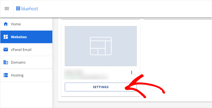 Clicking the Settings button on an empty Bluehost website