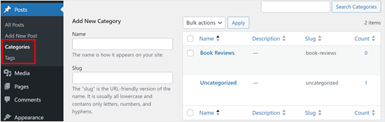 The Categories page in the WordPress dashboard