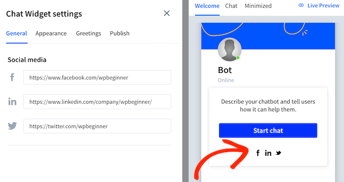 Adding social media links to a chat bot widget