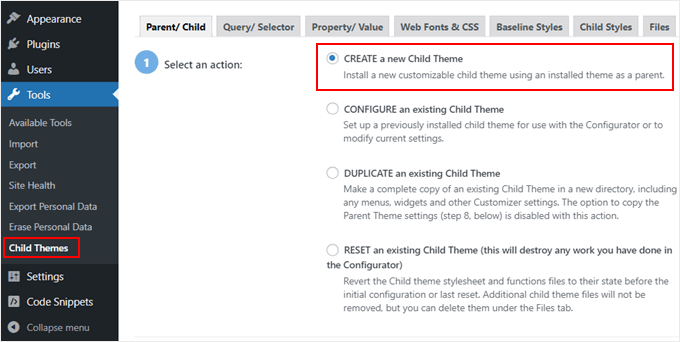 Creating a new child theme with Child Theme Configurator