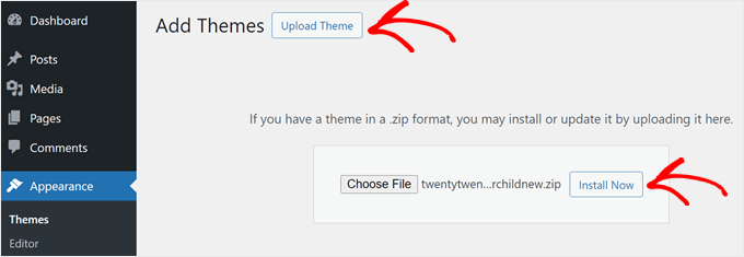 Uploading a child theme in WordPress