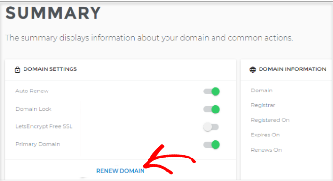 Click renew domain link