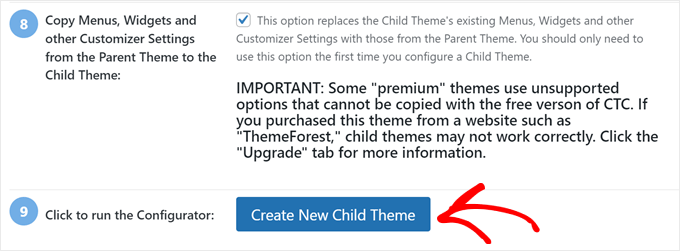 Clicking the Create New Child Theme button in Child Theme Configurator