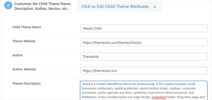 Filling out the child theme details in Child Theme Configurator