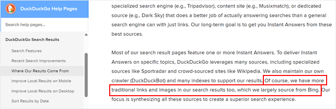 DuckDuckGo's explanation about sourcing from Bing