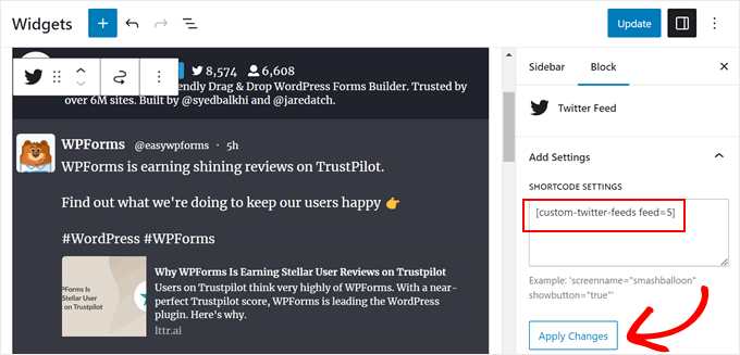 Inserting the Smash Balloon Twitter Feed shortcode in the widget editor