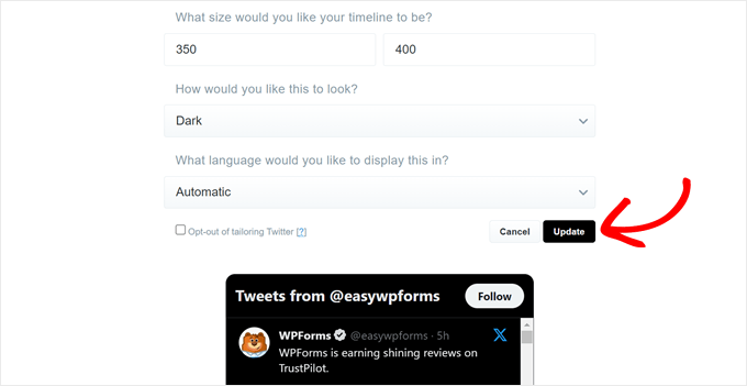 Clicking Update in the Twitter Publish website