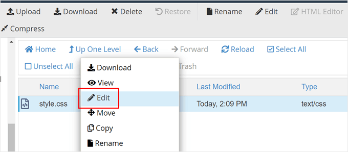 Editing a style.css file in Bluehost file manager