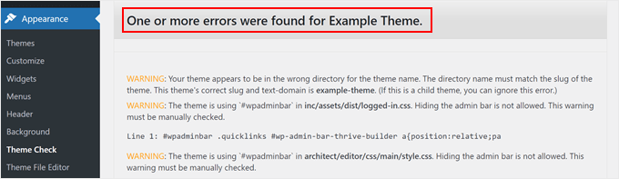 WebHostingExhibit example-theme-check-error-min-1 How to Test Your WordPress Theme Against Latest Standards  