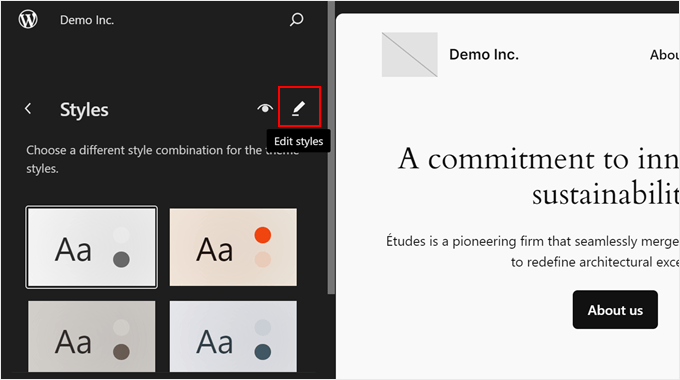 Clicking the Edit Styles button in the Full Site Editor