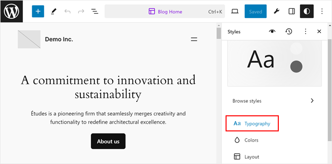 Clicking the Typography menu in Full Site Editor