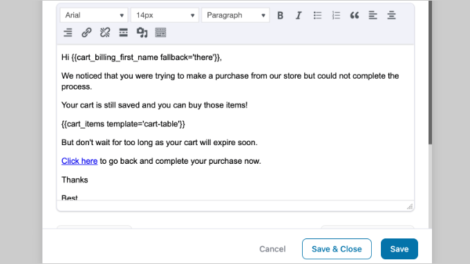 Adicionar conteúdo de e-mail de abandono de carrinho no prompt de ação