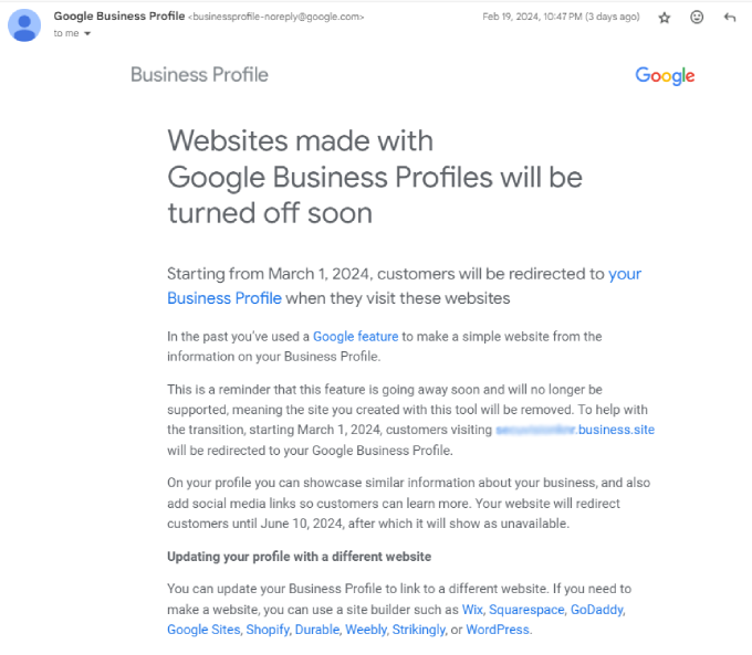 google business profile site email