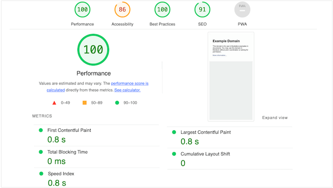 An example of a Google Lighthouse site speed report