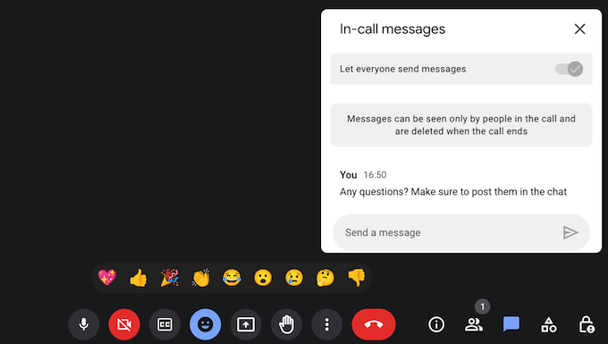 Sending text messages and reactions in Google Meet
