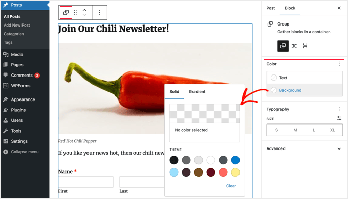 Layout and Format Settings for a Group Block