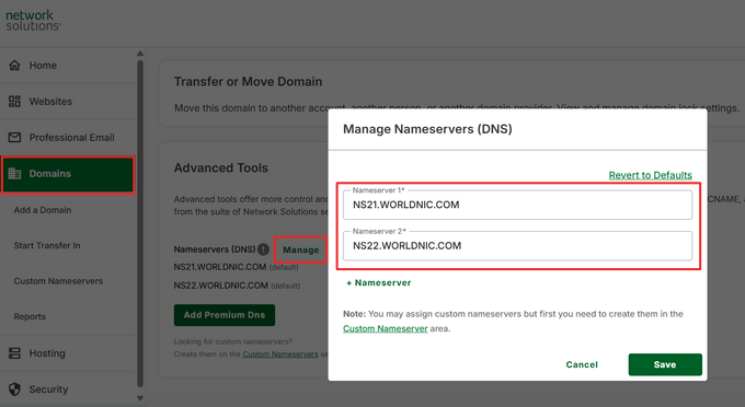 Change nameservers in Network Solutions