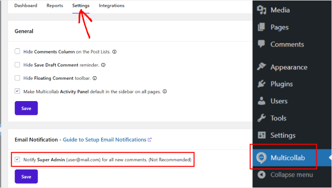 Enabling email notifications in Multicollab