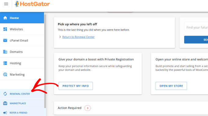 Open renewal center in HostGator