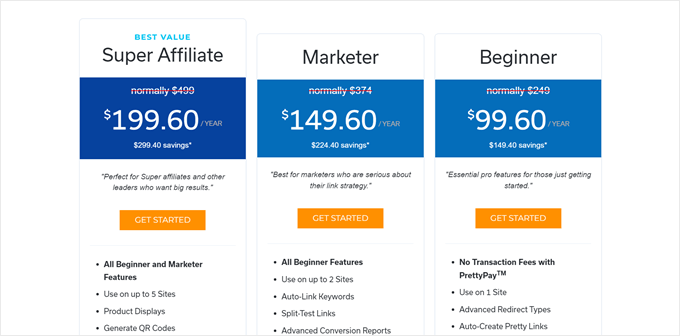 Pretty Links pricing page