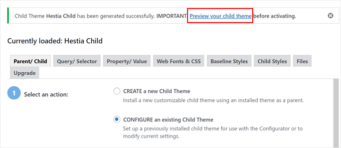 Previewing a child theme in Child Theme Configurator