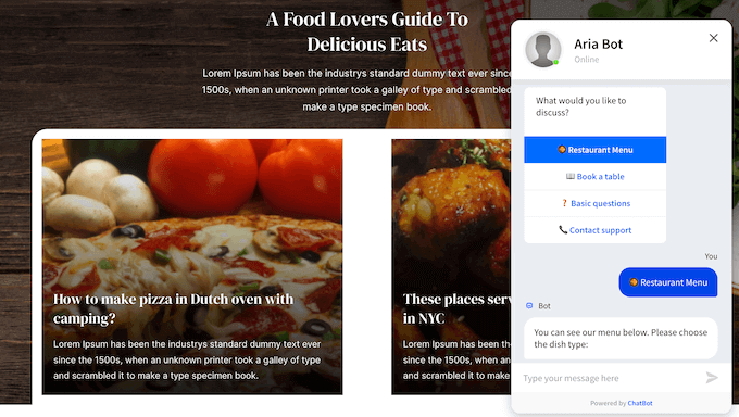 An example of a chatbot on a restaurant website