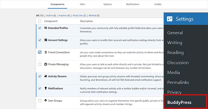 Select BuddyPress components from the list