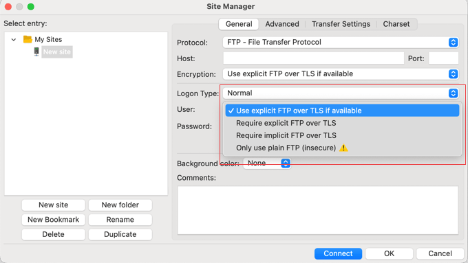 Selecting FTPS in FileZilla