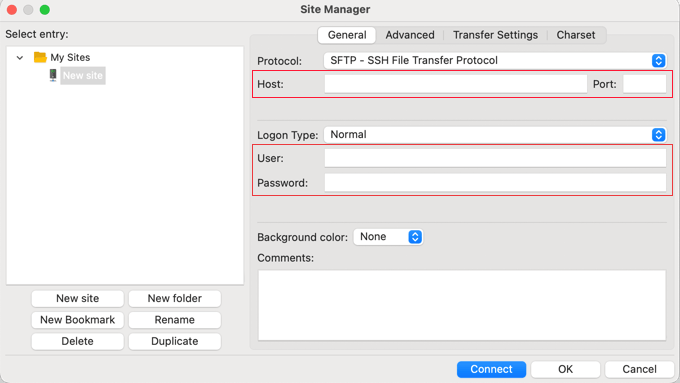 Adding SFTP Details in FileZilla