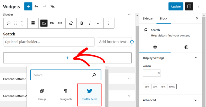 Adding the Twitter Feed Smash Balloon widget in the widget editor
