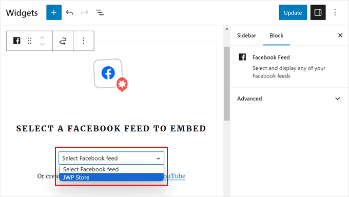 Selecting a Facebook Feed to display in the page using the WordPress widget editor