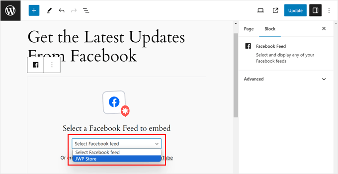 Selecting a Facebook Feed to a page in the WordPress block editor