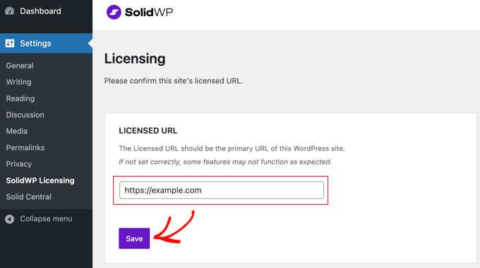 Enter the Solid Central Licensed URL for Your Site