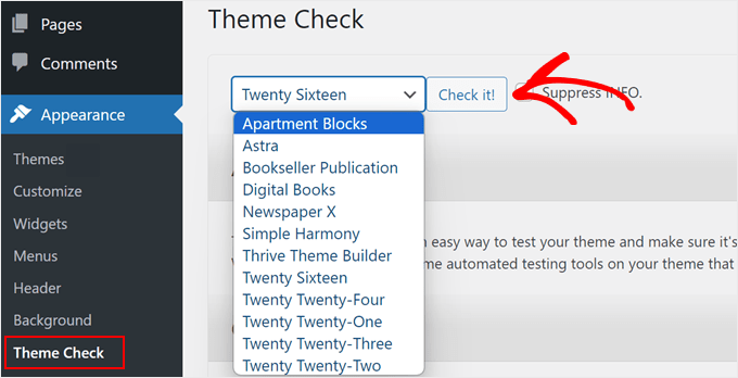 Using the Theme Check plugin to check a theme's compatibility with the latest standards