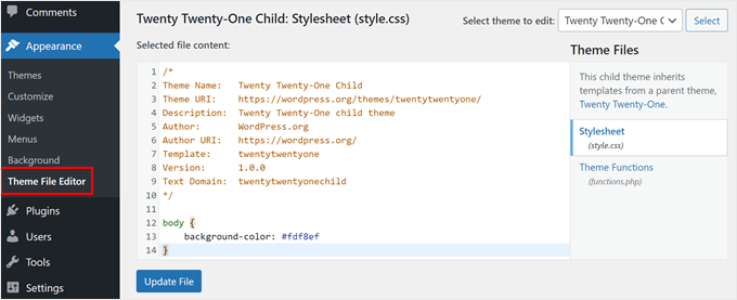 Adding custom CSS in a child theme's stylesheet in the theme file editor